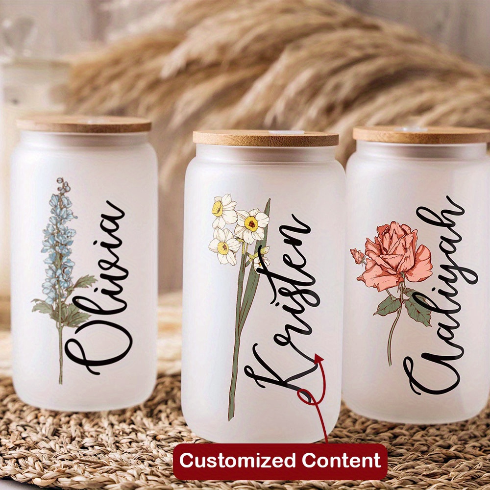 Coffee Equipment Usa - Personalisierter Geburtsblumen-Namens-Glasbecher mit Bambusdeckel & Strohhalm,